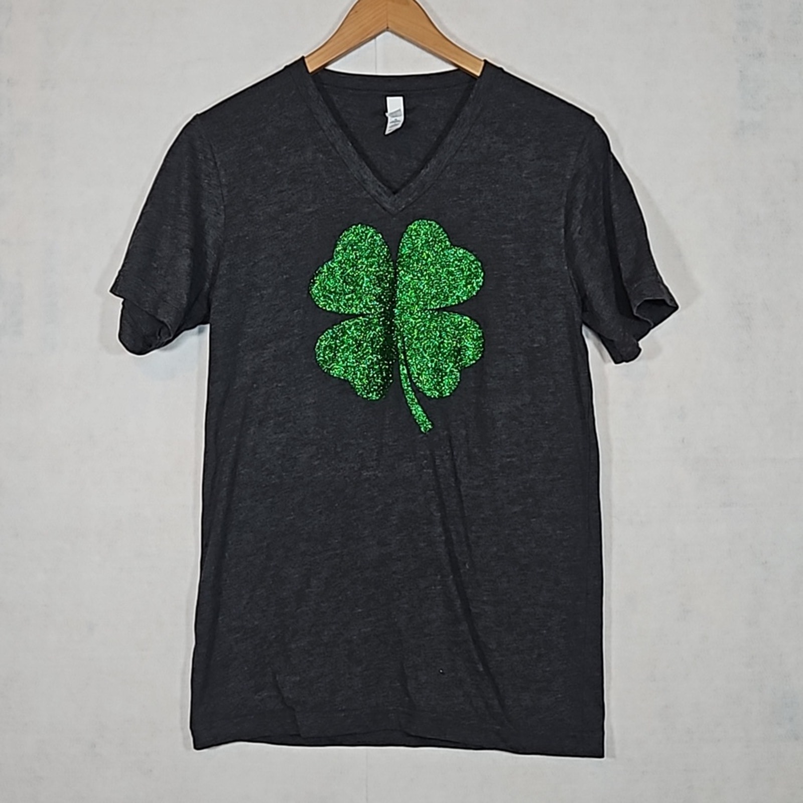 Bella+Canvas Lucky Green Sparkly Shamrock V-Neck Tee - Dark Heather Grey